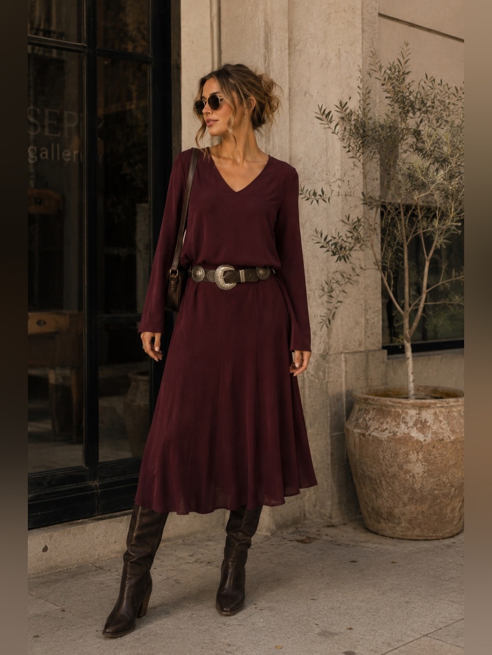 NU Wine Burgundy Jersey Skirt & Long Sleeve Blouse 2-Piece Set Standard Size